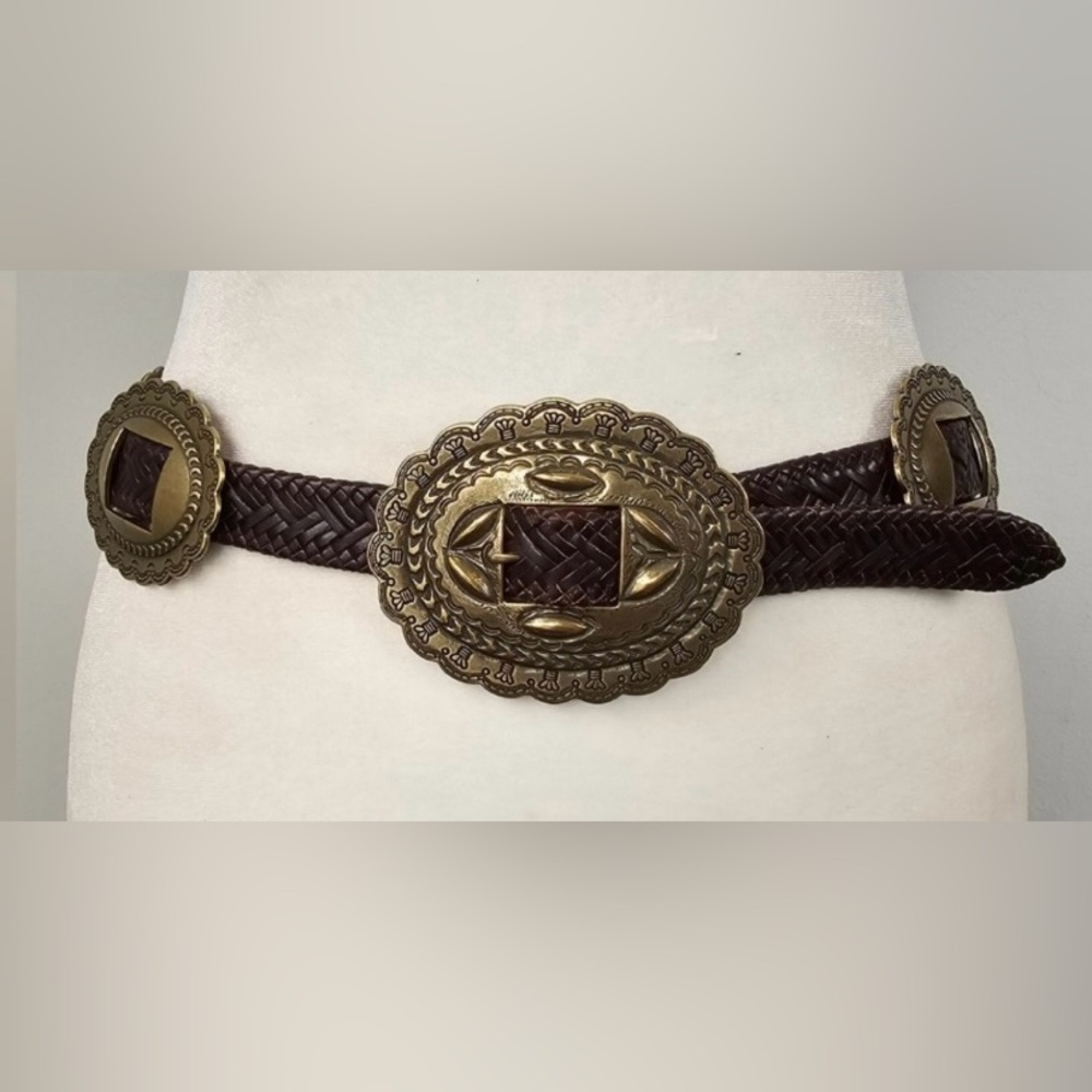Vintage Ralph Lauren Cowboy Concho Leather Belt Braided with Metal Buckle Rodeo